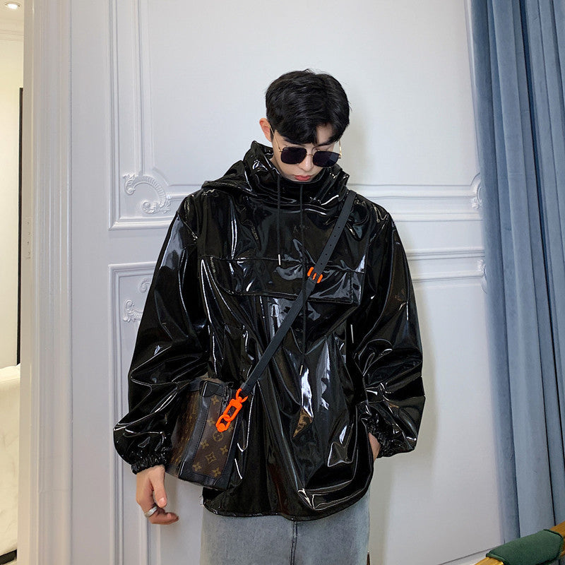 Stand collar hooded latex jacket