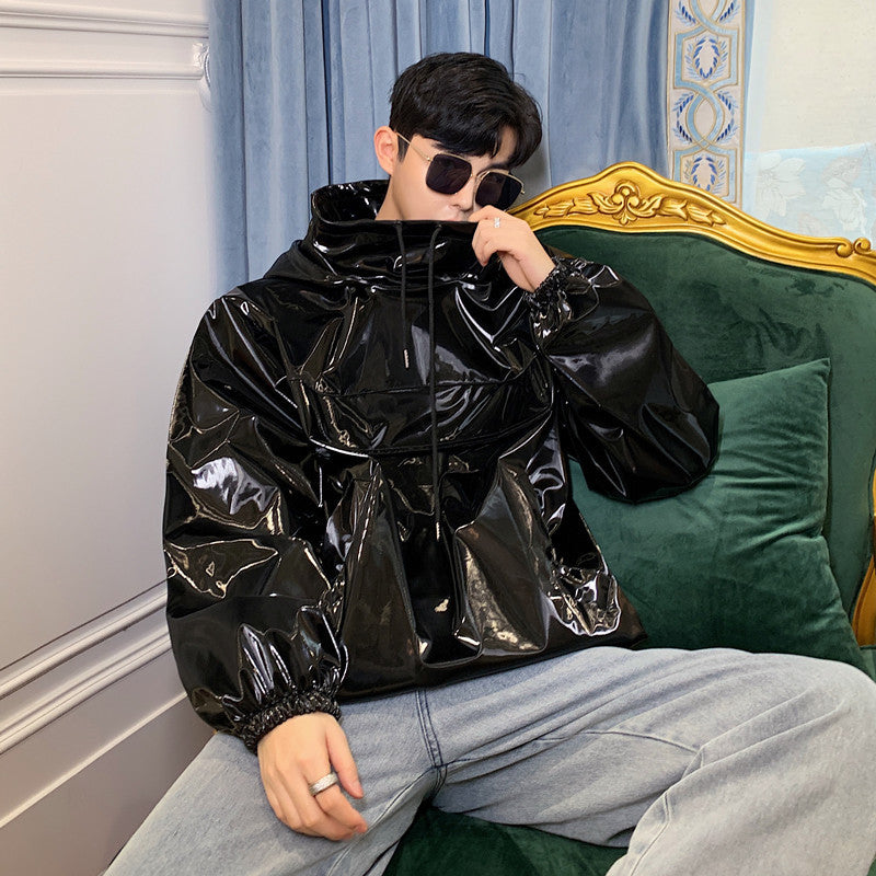 Stand collar hooded latex jacket