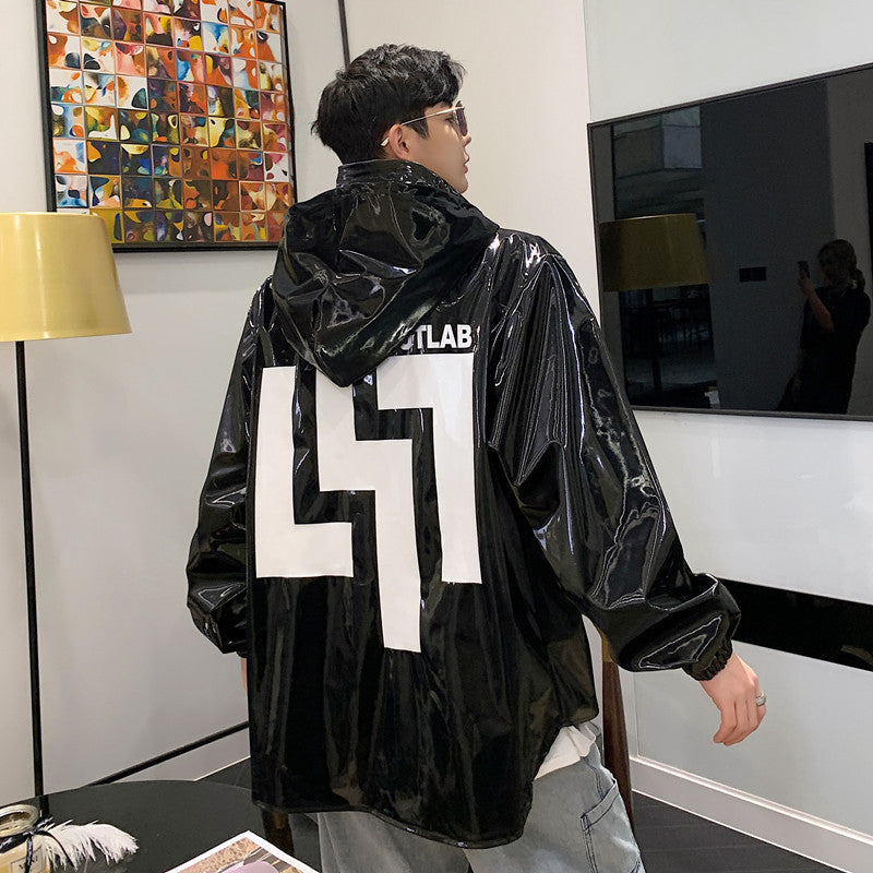 Stand collar hooded latex jacket