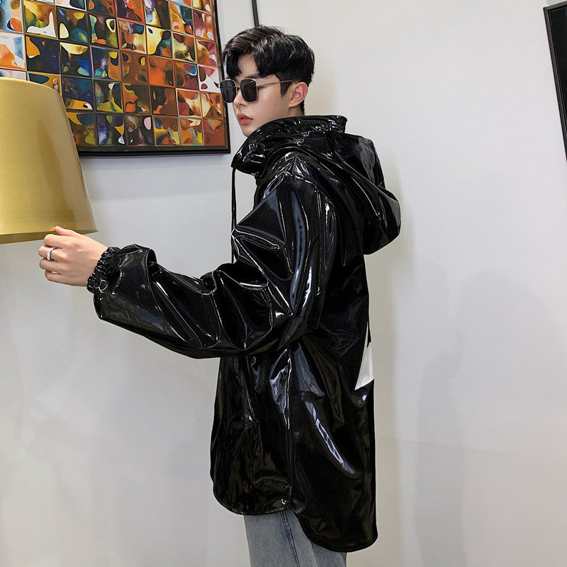 Stand collar hooded latex jacket