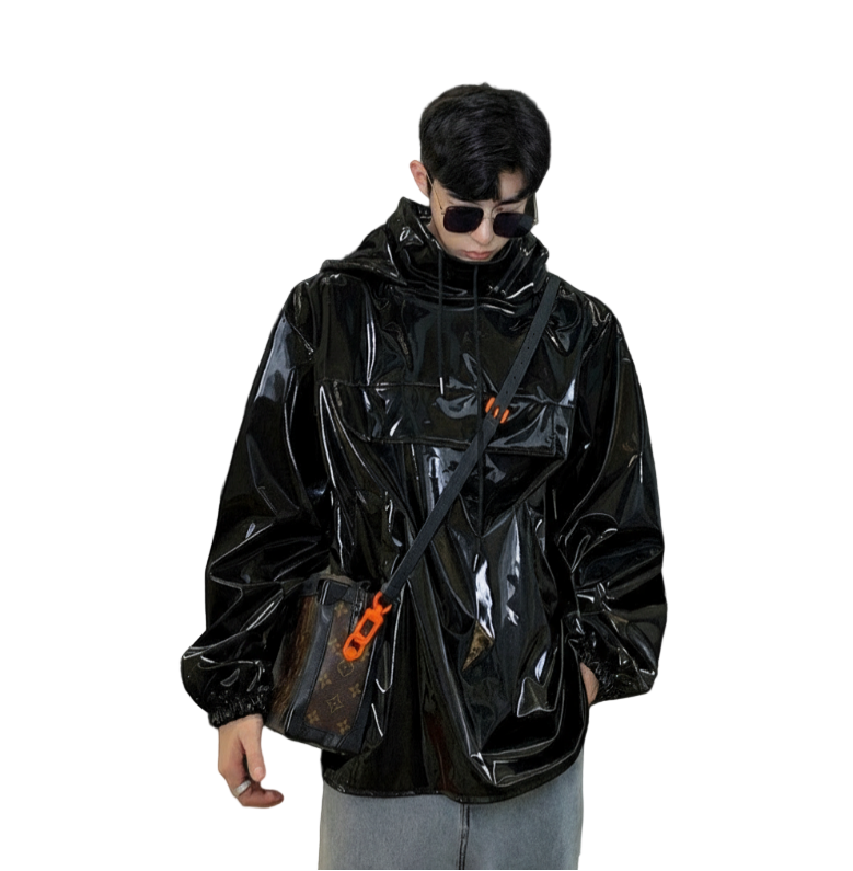 Stand collar hooded latex jacket